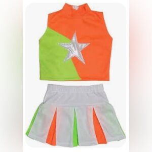 Total 2550 Cheerleading Uniform NWT Big Girls XL Orange White Green Silver Star